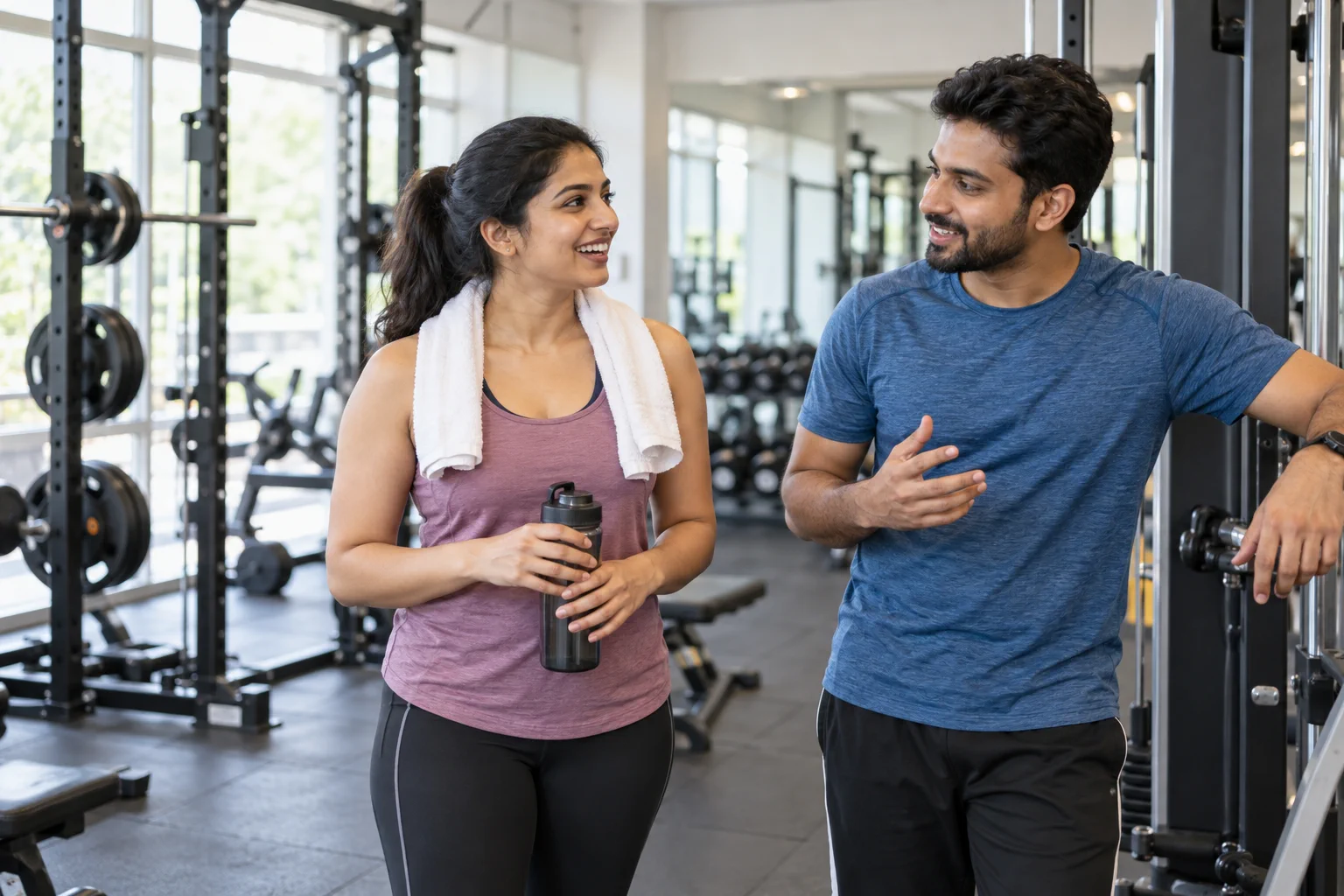 Two friends talking together before a workout at the gym