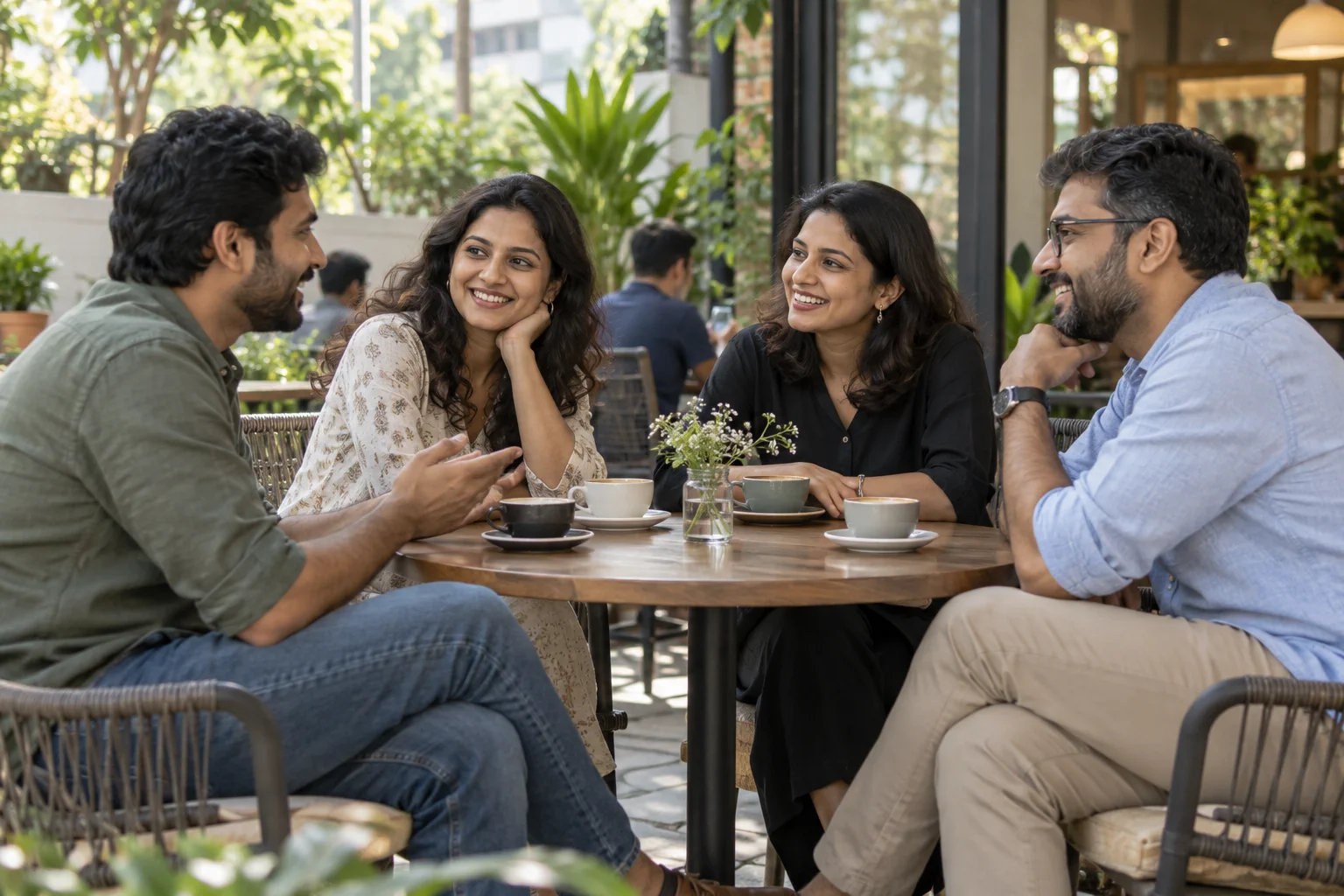 Two couples getting to know each other over coffee at a cafe
