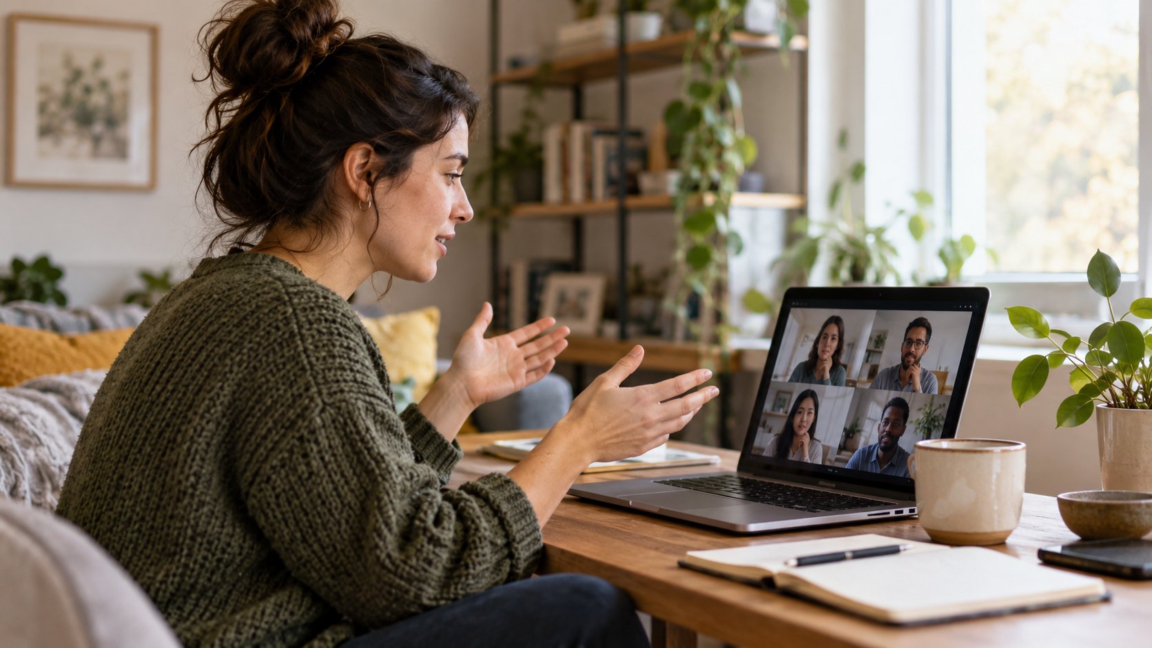 A person taking part in a small online group conversation from home
