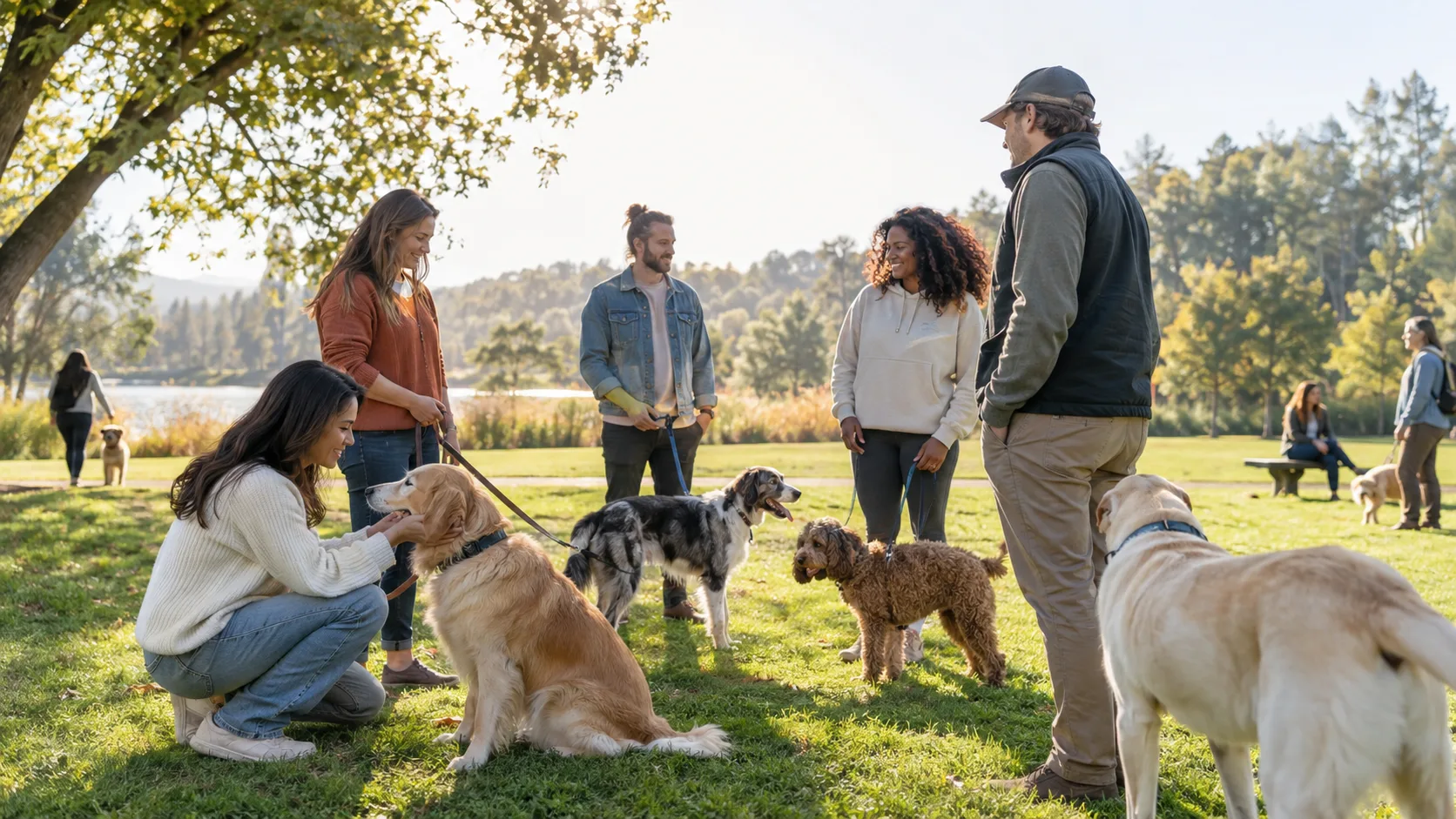 Pet parents and animal lovers connecting in a park