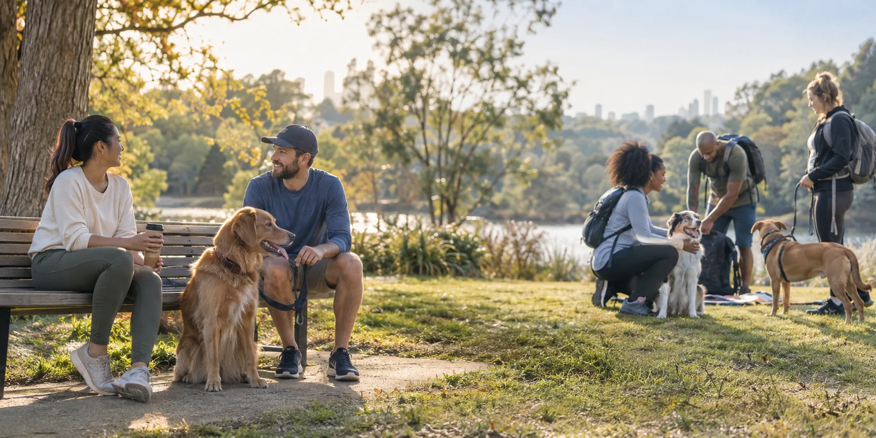 Pet parents comparing two community options in a park