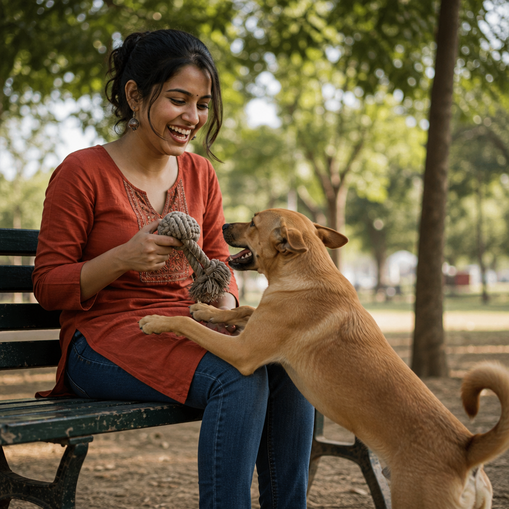 A person playing with a dog on a park bench