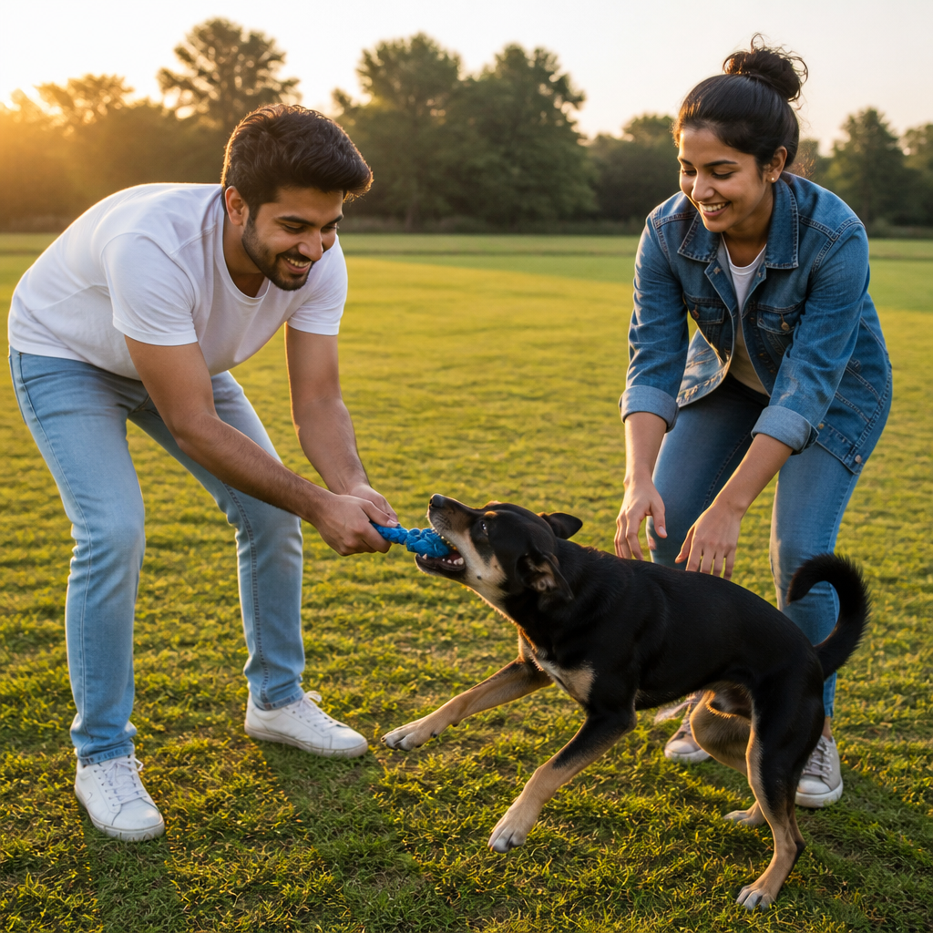 Friends playing tug with a dog