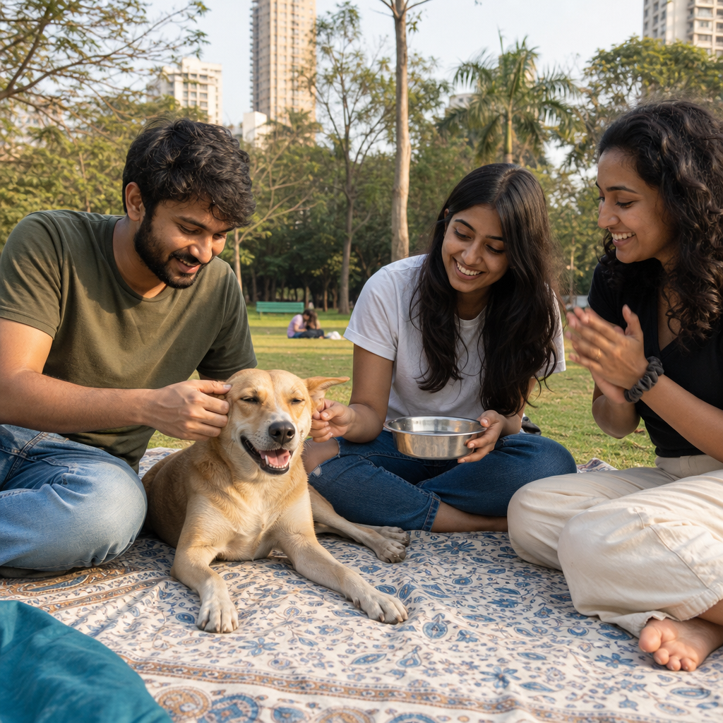 A small group hanging out with a dog