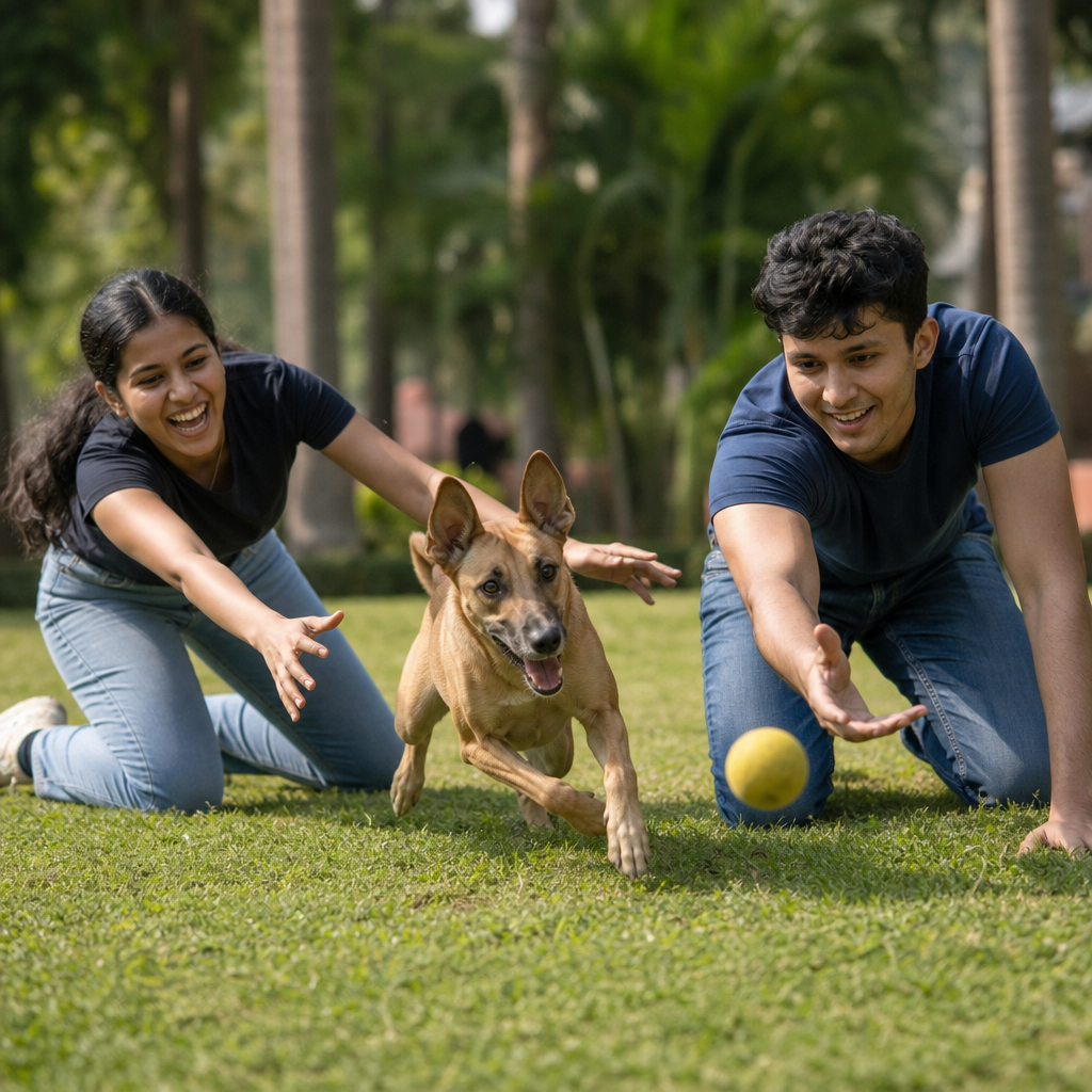 People playing with a dog in a park